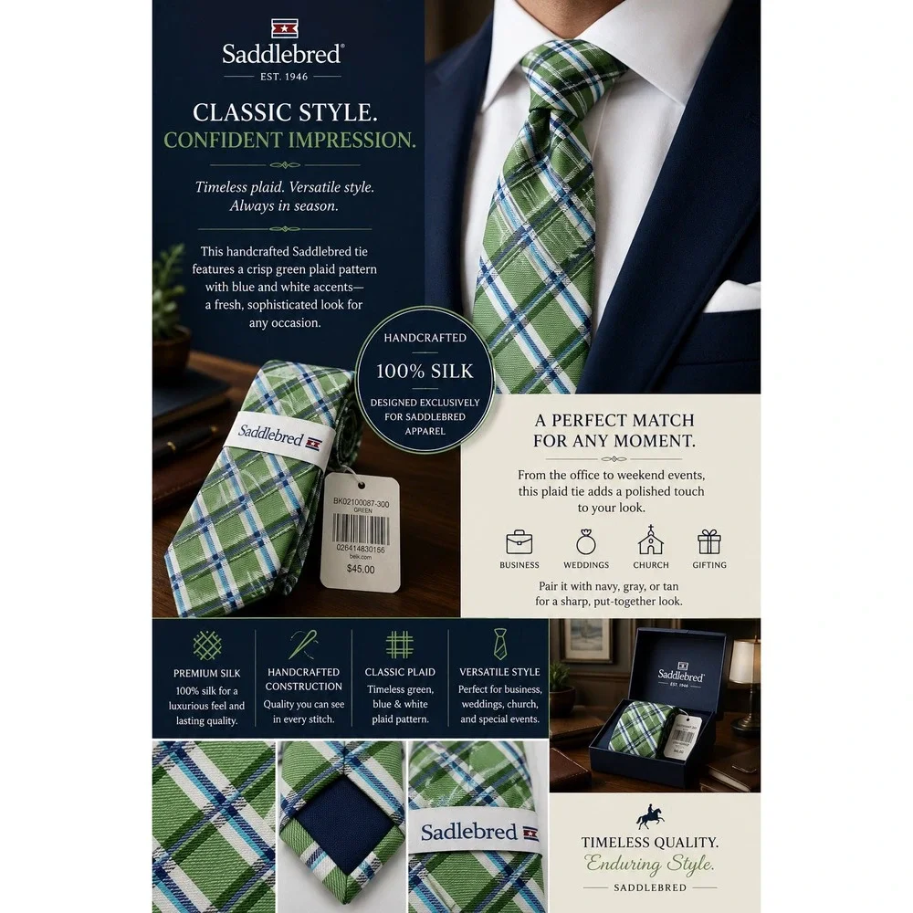 Saddlebred Men's Silk Tie Green Blue White Plaid Handcrafted NWT $45 Retail